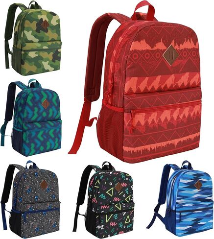 24-Pack 17" Bulk Backpacks for Middle School Students, Bookbags in 6 Assorted Prints, Durable School Backpacks for School Drives, Donations, and Giveaways in Saudi Arabia