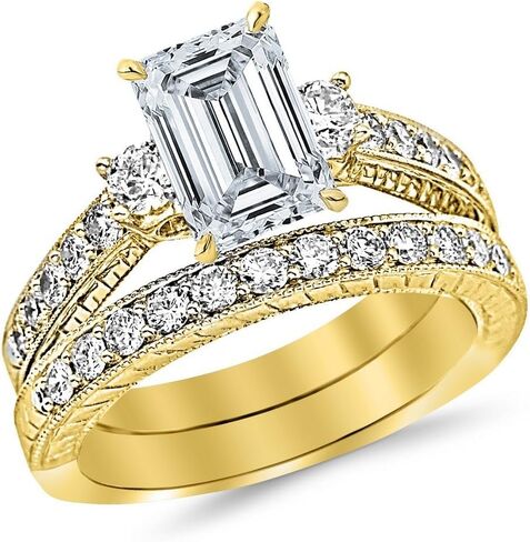14K White Gold 3 Carat LAB GROWN DIAMOND Three Stone Vintage With Milgrain & Filigree Bridal Set with Wedding Band & Emerald Cut Diamond Engagement Ring (D-E Color VS1-VS2 Clarity 2 Ct Center) in Kuwait