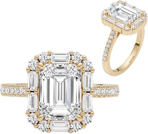 14K White/Yellow Gold Moissanite 3.15 TCW (2.5ct Center, VVS1 Clarity, D-E Color Emerald Shape) Engagement Ring With Baguette & Round Shaped Side Stones Promise Rings Gift For Her Rings For Women in Saudi Arabia