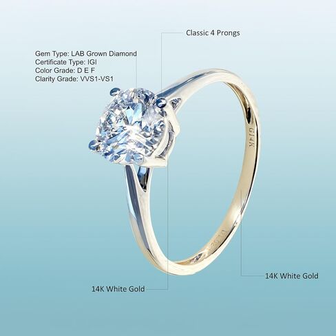 14K White Gold 1 to 3 Carat IGI Certified LAB Grown Diamond Engagement Rings for Women, Round Cut Solitaire Diamond Anniversary Wedding Promise Rings Jewelry Gift for Her, D-F Color, VVS1-VS1 Clarity in Saudi Arabia