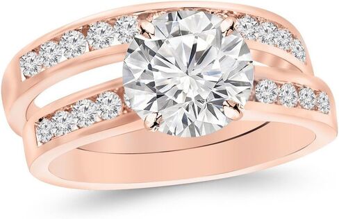 Houston Diamond District 1.3 Carat Round Cut Classic Channel Set Wedding Set Bridal Band & Diamond Engagement Ring (J Color I2 Clarity, 0.6 Ct Center) in Kuwait