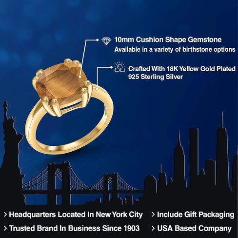 Gem Stone King 3-5 Cttw Gemstone Birthstone Double Prong Solitaire Ring for Women | 18K Yellow Gold Plated Silver | Cushion 10MM | Anniversary Engagement Promise Ring in Kuwait