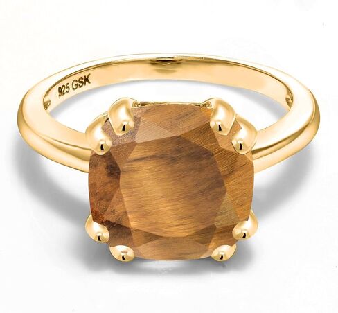 Gem Stone King 3-5 Cttw Gemstone Birthstone Double Prong Solitaire Ring for Women | 18K Yellow Gold Plated Silver | Cushion 10MM | Anniversary Engagement Promise Ring in Kuwait