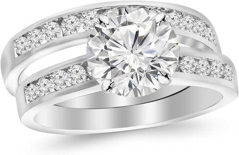 Houston Diamond District 1.3 Carat Round Cut Classic Channel Set Wedding Set Bridal Band & Diamond Engagement Ring (J Color I2 Clarity, 0.6 Ct Center) in Kuwait