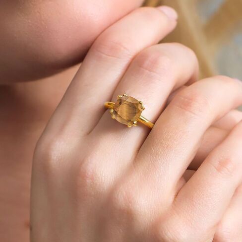 Gem Stone King 3-5 Cttw Gemstone Birthstone Double Prong Solitaire Ring for Women | 18K Yellow Gold Plated Silver | Cushion 10MM | Anniversary Engagement Promise Ring in Kuwait