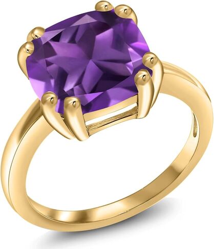 Gem Stone King 3-5 Cttw Gemstone Birthstone Double Prong Solitaire Ring for Women | 18K Yellow Gold Plated Silver | Cushion 10MM | Anniversary Engagement Promise Ring in Kuwait