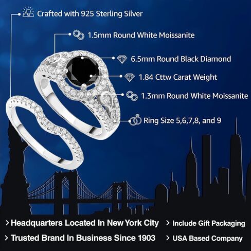 مجموعة زفاف من Gem Stone King 1.84 Cttw مستديرة من الماس الأسود والمويسانتي الأبيض لحفلات الزفاف | 925 فضة | خاتم الخطوبة والذكرى السنوية للزفاف للنساء in Kuwait