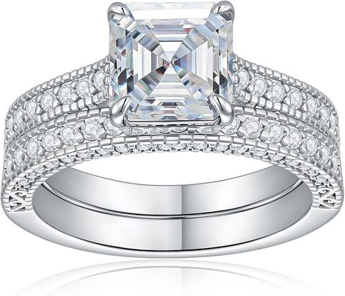 Moissanite Wedding Ring Sets for Women, Asscher Cut Engagement Ring Bridal Sets, D Color VVS1, White Gold Plated, Anniversary Jewelry Gift, Size 5-10 in Saudi Arabia