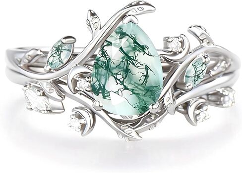 Premium Natural Moss Agate Engagement Ring Sets for Women Nature Inspired Vintage 2CT Moss Agate Women's Bridal Rings Sets Silver 10K/14K/18K Gold Wedding Band Luxury Jewelry Gifts in Kuwait