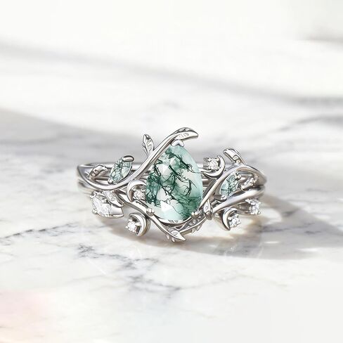 Premium Natural Moss Agate Engagement Ring Sets for Women Nature Inspired Vintage 2CT Moss Agate Women's Bridal Rings Sets Silver 10K/14K/18K Gold Wedding Band Luxury Jewelry Gifts in Kuwait