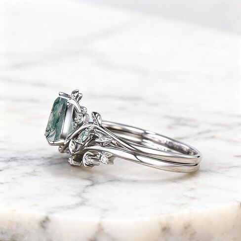 Premium Natural Moss Agate Engagement Ring Sets for Women Nature Inspired Vintage 2CT Moss Agate Women's Bridal Rings Sets Silver 10K/14K/18K Gold Wedding Band Luxury Jewelry Gifts in Kuwait