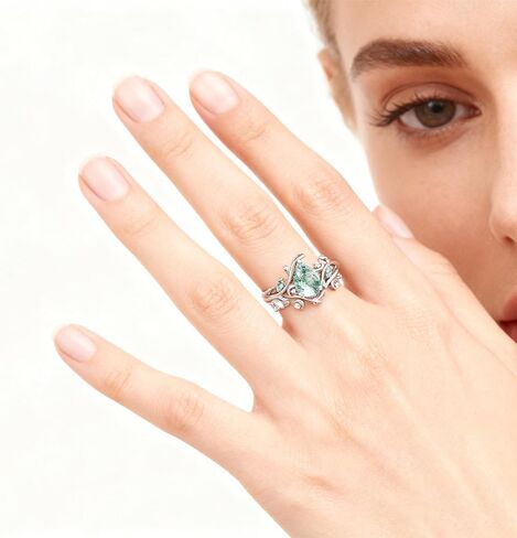 Premium Natural Moss Agate Engagement Ring Sets for Women Nature Inspired Vintage 2CT Moss Agate Women's Bridal Rings Sets Silver 10K/14K/18K Gold Wedding Band Luxury Jewelry Gifts in Kuwait