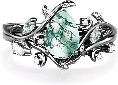 Premium Natural Moss Agate Engagement Ring Sets for Women Nature Inspired Vintage 2CT Moss Agate Women's Bridal Rings Sets Silver 10K/14K/18K Gold Wedding Band Luxury Jewelry Gifts in Kuwait