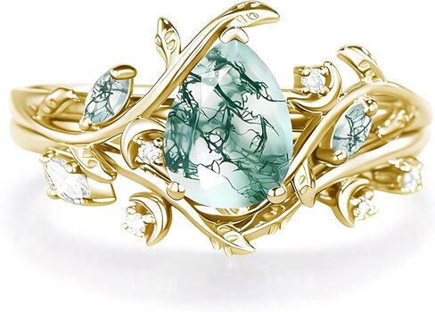 Premium Natural Moss Agate Engagement Ring Sets for Women Nature Inspired Vintage 2CT Moss Agate Women's Bridal Rings Sets Silver 10K/14K/18K Gold Wedding Band Luxury Jewelry Gifts in Kuwait