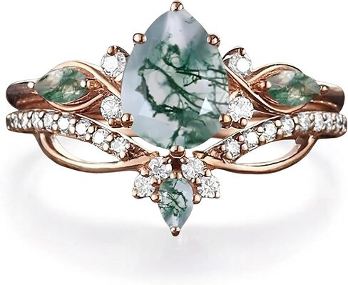 Premium Natural Moss Agate Engagement Ring Sets for Women Nature Inspired Vintage 2CT Moss Agate Women's Bridal Rings Sets Silver 10K/14K/18K Gold Wedding Band Luxury Jewelry Gifts in Kuwait