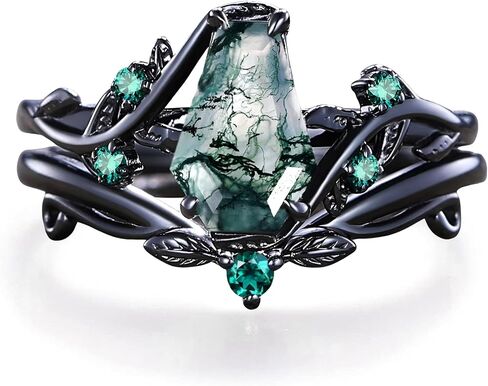 Premium Natural Moss Agate Engagement Ring Sets for Women Nature Inspired Vintage 2CT Moss Agate Women's Bridal Rings Sets Silver 10K/14K/18K Gold Wedding Band Luxury Jewelry Gifts in Kuwait