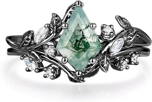 Premium Natural Moss Agate Engagement Ring Sets for Women Nature Inspired Vintage 2CT Moss Agate Women's Bridal Rings Sets Silver 10K/14K/18K Gold Wedding Band Luxury Jewelry Gifts in Kuwait