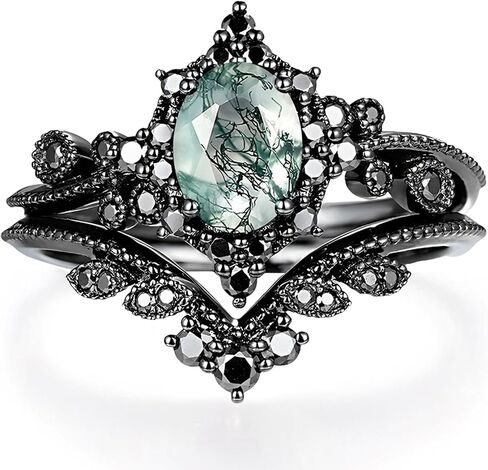 Premium Natural Moss Agate Engagement Ring Sets for Women Nature Inspired Vintage 2CT Moss Agate Women's Bridal Rings Sets Silver 10K/14K/18K Gold Wedding Band Luxury Jewelry Gifts in Kuwait