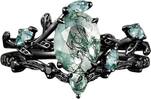 Premium 2CT Natural Moss Agate Women's Bridal Rings Sets Silver 10K/14K/18K Gold Moss Agate Art Deco Wedding Band Luxury Jewelry Gifts Engagement Rings for Women/Her Size4-12 in Kuwait