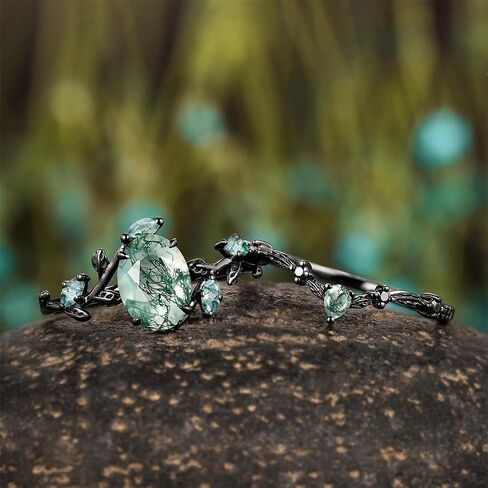 Premium 2CT Natural Moss Agate Women's Bridal Rings Sets Silver 10K/14K/18K Gold Moss Agate Art Deco Wedding Band Luxury Jewelry Gifts Engagement Rings for Women/Her Size4-12 in Kuwait