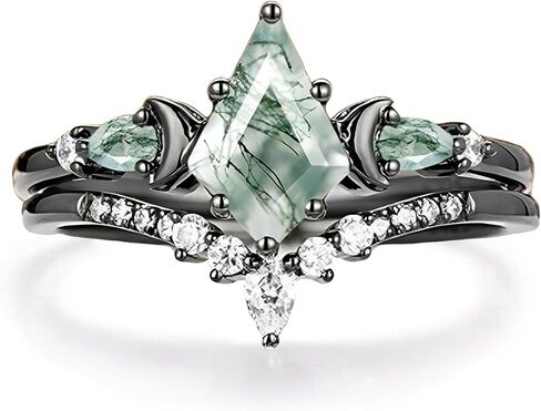 Premium 2CT Natural Moss Agate Women's Bridal Rings Sets Silver 10K/14K/18K Gold Moss Agate Art Deco Wedding Band Luxury Jewelry Gifts Engagement Rings for Women/Her Size4-12 in Kuwait