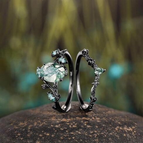 Premium 2CT Natural Moss Agate Women's Bridal Rings Sets Silver 10K/14K/18K Gold Moss Agate Art Deco Wedding Band Luxury Jewelry Gifts Engagement Rings for Women/Her Size4-12 in Kuwait