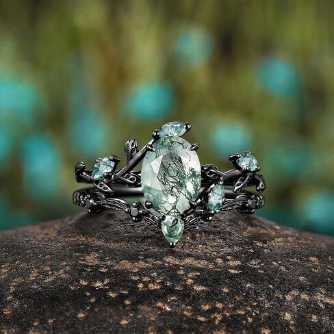 Premium 2CT Natural Moss Agate Women's Bridal Rings Sets Silver 10K/14K/18K Gold Moss Agate Art Deco Wedding Band Luxury Jewelry Gifts Engagement Rings for Women/Her Size4-12 in Kuwait