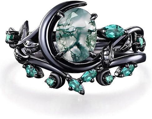 Premium 2CT Natural Moss Agate Women's Bridal Rings Sets Silver 10K/14K/18K Gold Moss Agate Art Deco Wedding Band Luxury Jewelry Gifts Engagement Rings for Women/Her Size4-12 in Kuwait