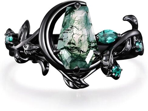Premium 2CT Natural Moss Agate Women's Bridal Rings Sets Silver 10K/14K/18K Gold Moss Agate Art Deco Wedding Band Luxury Jewelry Gifts Engagement Rings for Women/Her Size4-12 in Kuwait