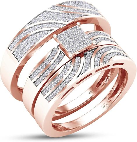 SAVEARTH DIAMONDS 0.50 قيراط (ctw) مستدير أبيض معمل مويسانيتي ألماس للرجال والنساء خاتم خطوبة ثلاثي مجموعة زفاف، فضة استرلينية in Kuwait
