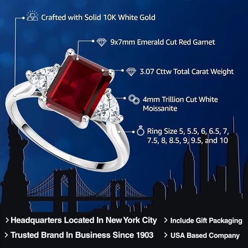 خاتم خطوبة من الأحجار الكريمة من Gem Stone King 2-4 Cttw وأحجار كريمة ومويسانيت أبيض للنساء | ذهب أبيض عيار 10 قيراط | قطع الزمرد 9X7MM تريليون 4MM | خاتم ذهبي للنساء in Kuwait