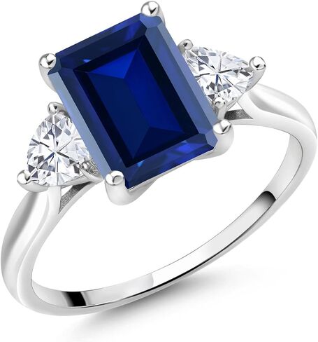خاتم خطوبة من الأحجار الكريمة من Gem Stone King 2-4 Cttw وأحجار كريمة ومويسانيت أبيض للنساء | ذهب أبيض عيار 10 قيراط | قطع الزمرد 9X7MM تريليون 4MM | خاتم ذهبي للنساء in Kuwait
