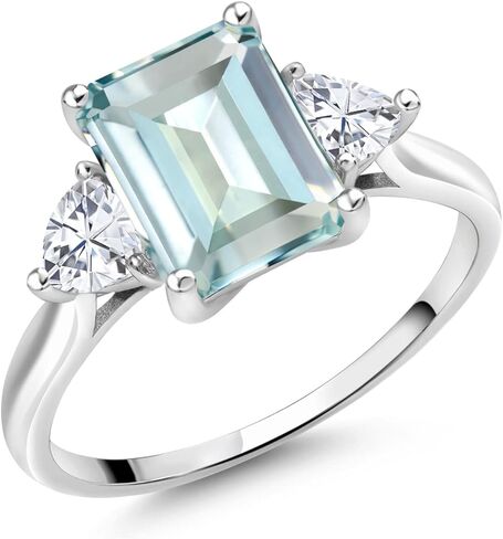 خاتم خطوبة من الأحجار الكريمة من Gem Stone King 2-4 Cttw وأحجار كريمة ومويسانيت أبيض للنساء | ذهب أبيض عيار 10 قيراط | قطع الزمرد 9X7MM تريليون 4MM | خاتم ذهبي للنساء in Kuwait