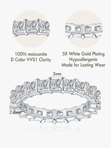 Moissanite Eternity Ring, Princess Cut 5.7-7.2cttw Moissanite Band, 3mm Width D Color VVS1 White Gold Plated, Wedding Anniversary Engagement Full Eternity Band Rings for Women in Saudi Arabia