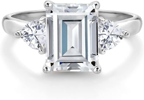 خاتم خطوبة من الأحجار الكريمة من Gem Stone King 2-4 Cttw وأحجار كريمة ومويسانيت أبيض للنساء | ذهب أبيض عيار 10 قيراط | قطع الزمرد 9X7MM تريليون 4MM | خاتم ذهبي للنساء in Kuwait