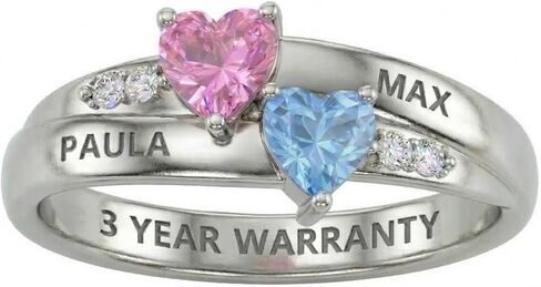 PaulaMax Jewelry Promise Ring for Her, Custom Engraved Birthstone Ring for Women in Sterling Silver or White Gold – Personalized 2 Heart Birthstones, Sizes 5-12 in Kuwait