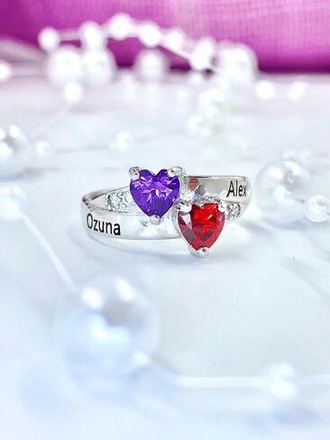 PaulaMax Jewelry Promise Ring for Her, Custom Engraved Birthstone Ring for Women in Sterling Silver or White Gold – Personalized 2 Heart Birthstones, Sizes 5-12 in Kuwait