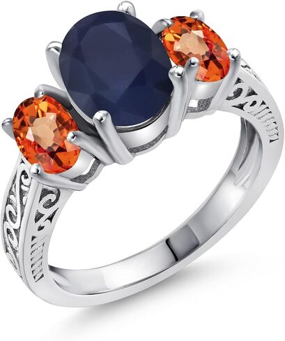 Gem Stone King 3.30 Cttw Oval Blue and Orange Sapphire 3-Stone Engagement Ring For Women | 925 Sterling Silver | Gemstone Birthstone | 3 Stone Wedding Anniversary Promise Ring For Women in Kuwait