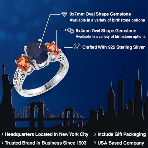 Gem Stone King 3.30 Cttw Oval Blue and Orange Sapphire 3-Stone Engagement Ring For Women | 925 Sterling Silver | Gemstone Birthstone | 3 Stone Wedding Anniversary Promise Ring For Women in Kuwait