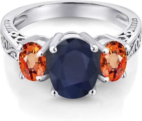 Gem Stone King 3.30 Cttw Oval Blue and Orange Sapphire 3-Stone Engagement Ring For Women | 925 Sterling Silver | Gemstone Birthstone | 3 Stone Wedding Anniversary Promise Ring For Women in Kuwait