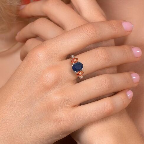 Gem Stone King 3.30 Cttw Oval Blue and Orange Sapphire 3-Stone Engagement Ring For Women | 925 Sterling Silver | Gemstone Birthstone | 3 Stone Wedding Anniversary Promise Ring For Women in Kuwait