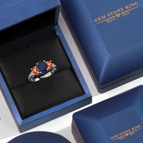 Gem Stone King 3.30 Cttw Oval Blue and Orange Sapphire 3-Stone Engagement Ring For Women | 925 Sterling Silver | Gemstone Birthstone | 3 Stone Wedding Anniversary Promise Ring For Women in Kuwait
