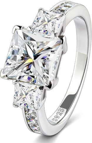 3 Stone Moissanite Engagement Rings for Women, Wedding Promise Ring | Princess Cut 3.5 CT TW, D Color VVS1, 925 Sterling Silver, Anniversary, Past Present Future 3 Stone Design, Certificate in Saudi Arabia