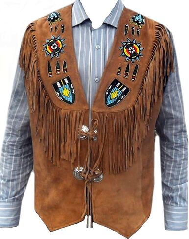 Men's Fringed and Beaded Leather Vest, Brown, Indian Western Style in Saudi Arabia