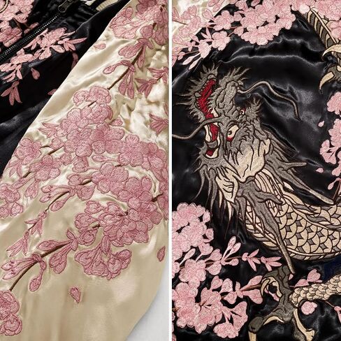 سترة منفوخة مطرزة من Sakura Dragon ذات وجهين من الساتان ملابس الشارع الشهير سترة واقية بسحاب لربيع الخريف in Kuwait