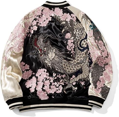 Sakura Dragon Embroidered Bomber Jacket Reversible Satin Streetwear Vintage Zip Up Windbreaker for Spring Fall in Saudi Arabia