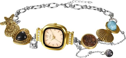 JewelryWe Women's Ocean Necklace Watch: Square Dial with Seashell Starfish Imitation Gems Charms Gold Silver Two-Tone Stainless Steel Adjustable Chain Analog Quartz Watches for Summer Beach Party Daily Office in Kuwait