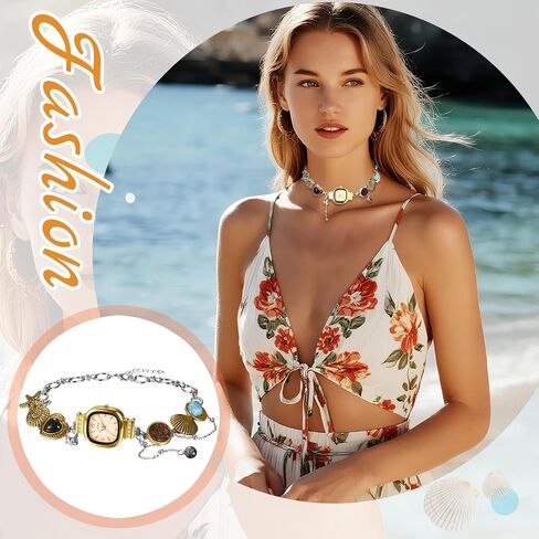 JewelryWe Women's Ocean Necklace Watch: Square Dial with Seashell Starfish Imitation Gems Charms Gold Silver Two-Tone Stainless Steel Adjustable Chain Analog Quartz Watches for Summer Beach Party Daily Office in Kuwait