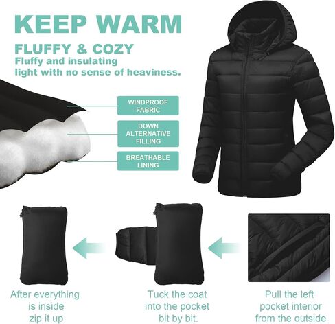 Women's Packable Puffer Jacket Ultra lightweight Puffy Coat Waterproof Ultralight Bubble Outerwear with Hood in Saudi Arabia