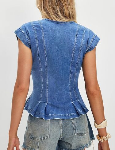 Women's Denim Vest Trendy 2026 Cap Sleeve Deep V Neck Button Down Jean Vest Tops for Women Summer Crop Waistcoat in Saudi Arabia